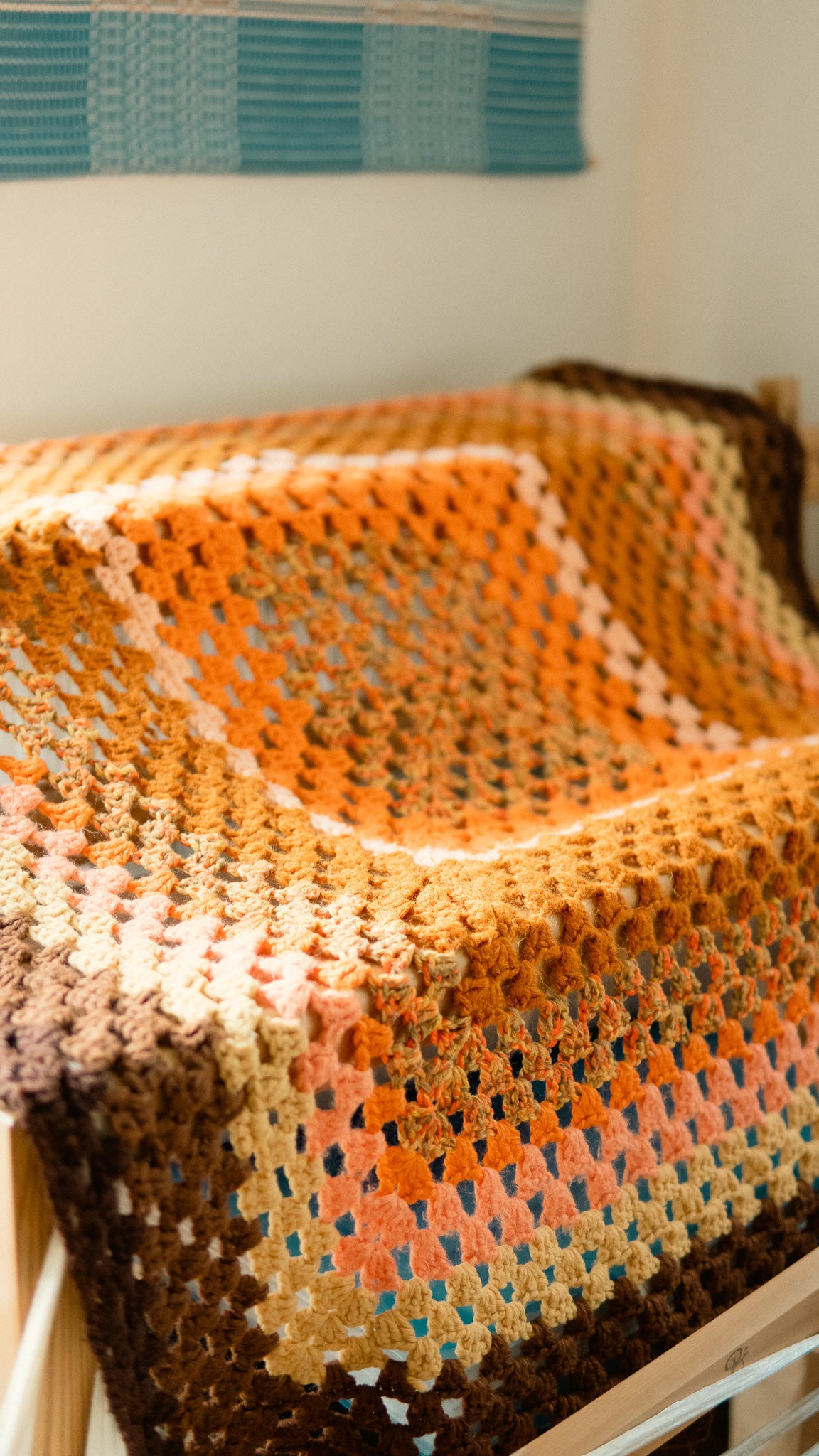 Mustard Color Knit Granny Square Blanket