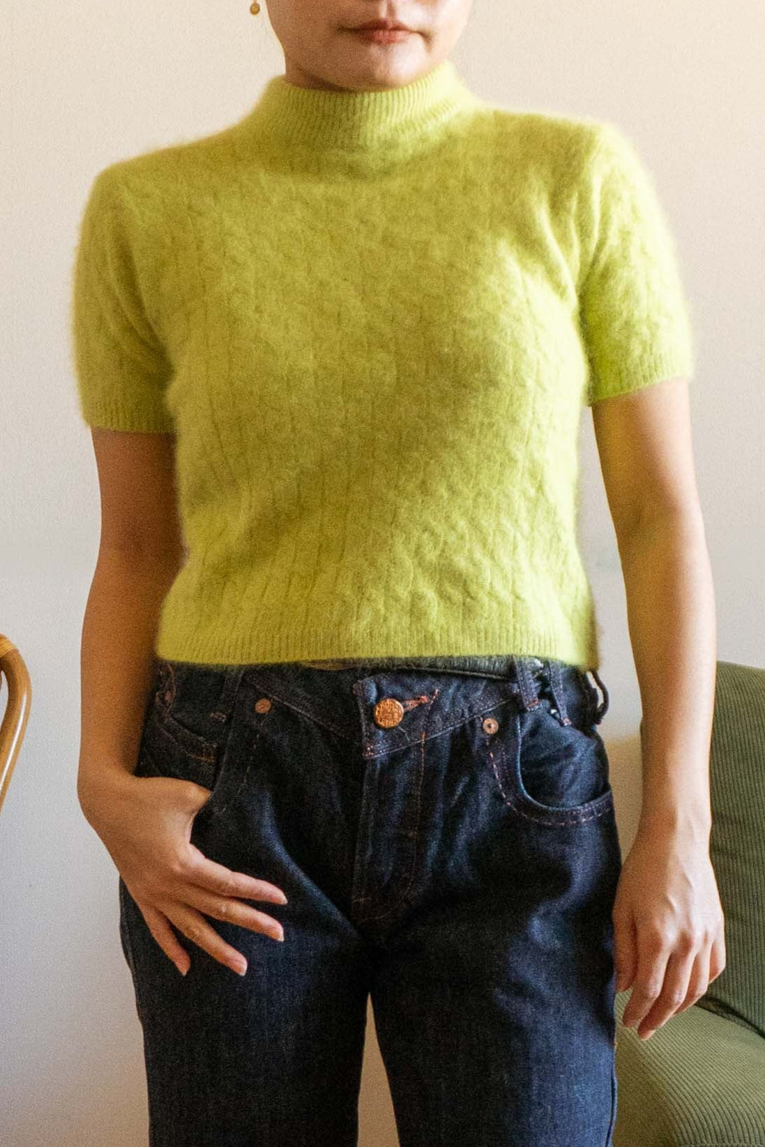 Yellow Green Mohair Knit Short sleeve Shirts
