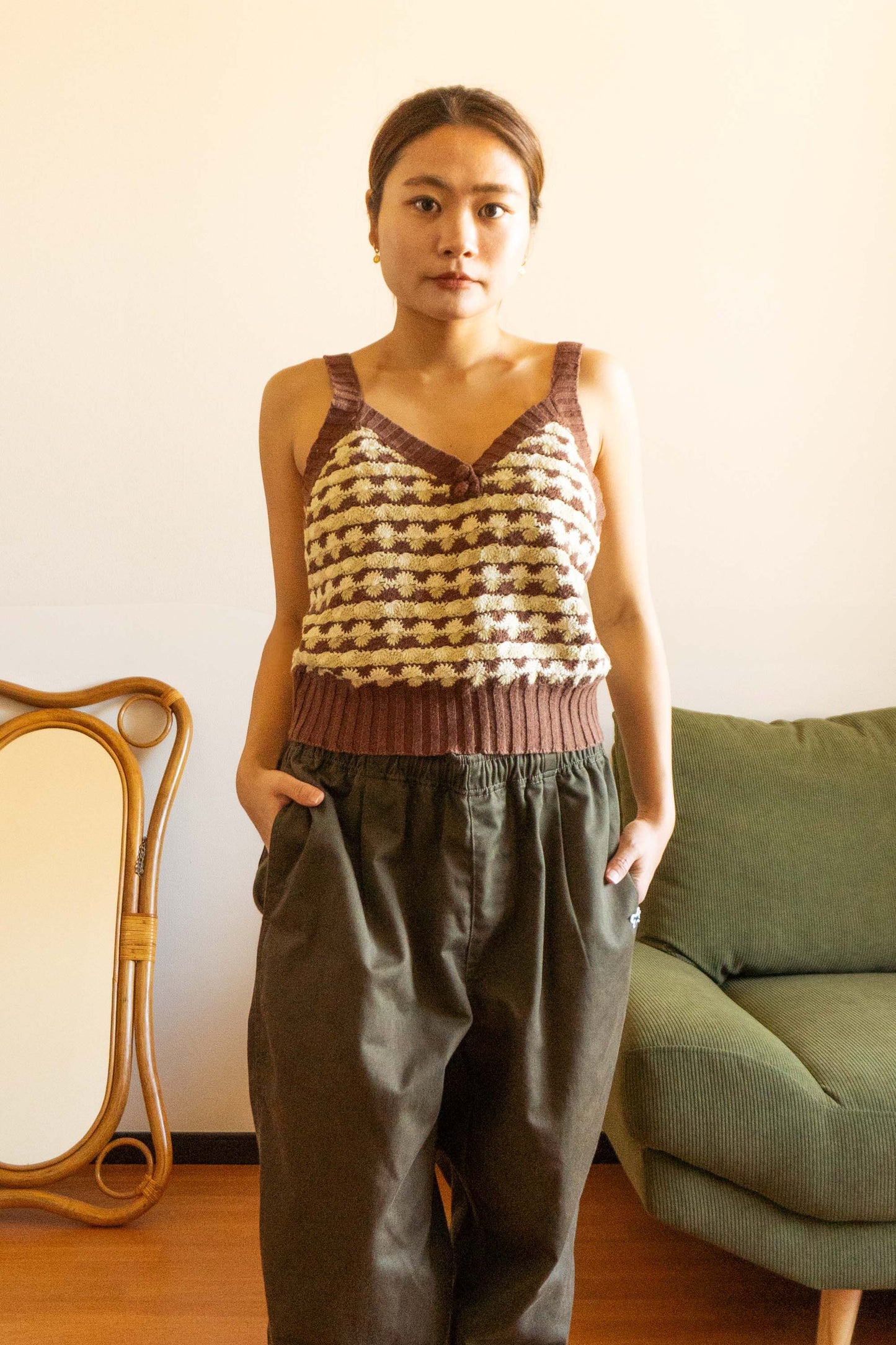 Brown Crochet Knit Sleeveless tops