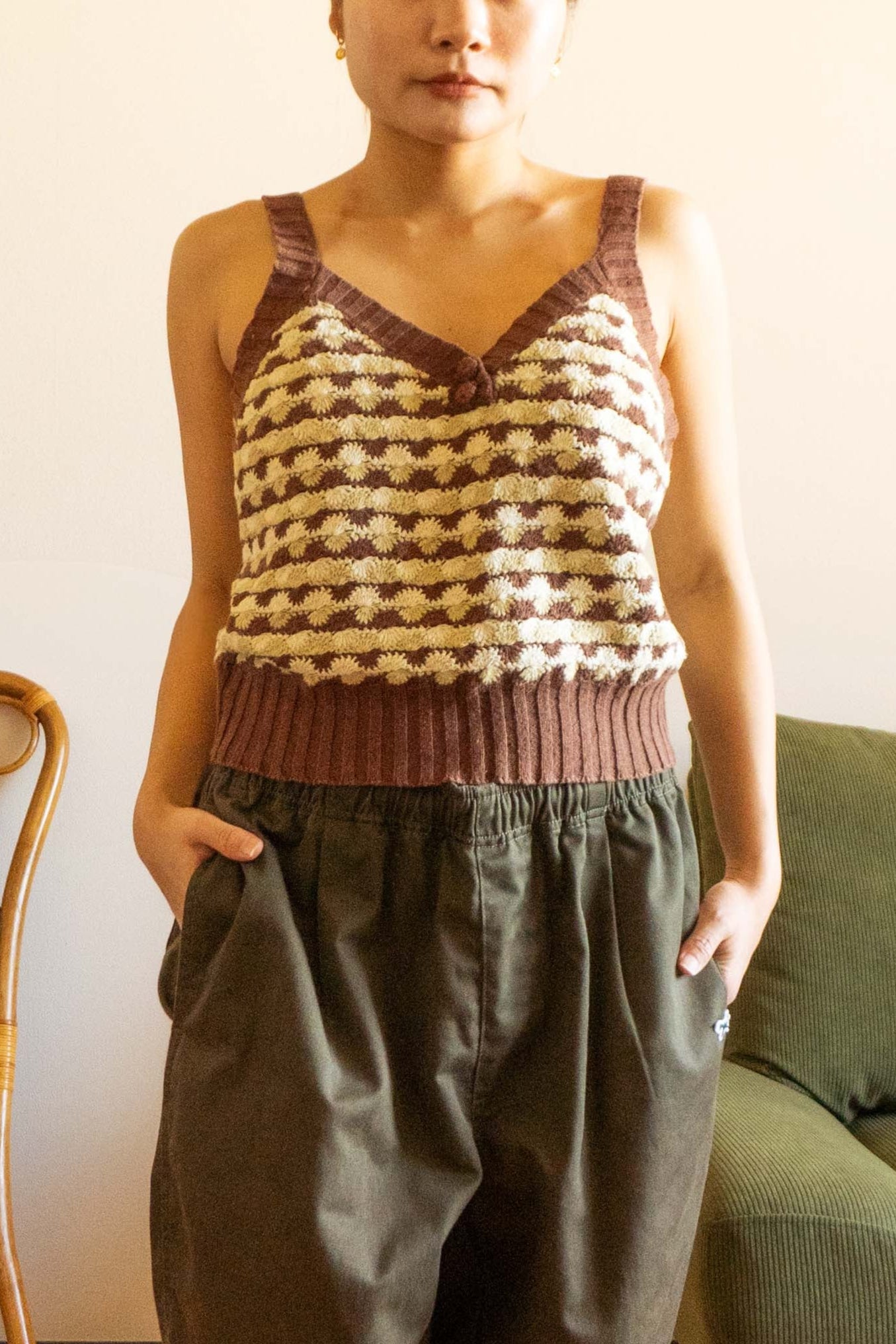 Brown Crochet Knit Sleeveless tops