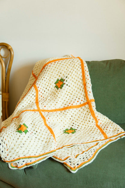 Ivory Orange Flower Granny Blanket