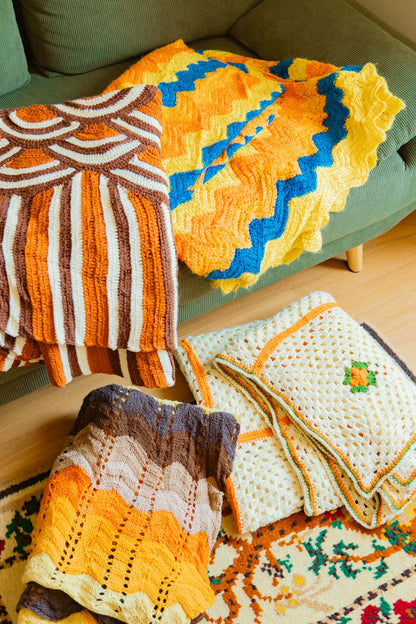 Ivory Orange Flower Granny Blanket