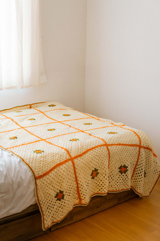 Ivory Orange Flower Granny Blanket