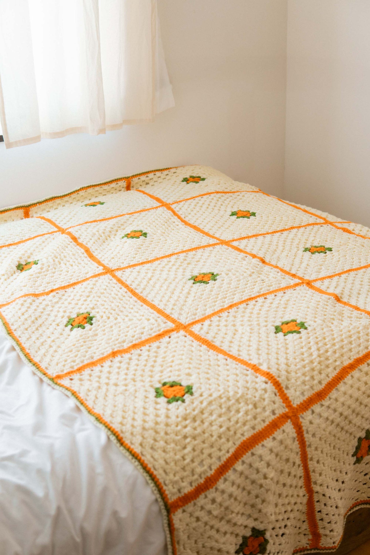 Ivory Orange Flower Granny Blanket