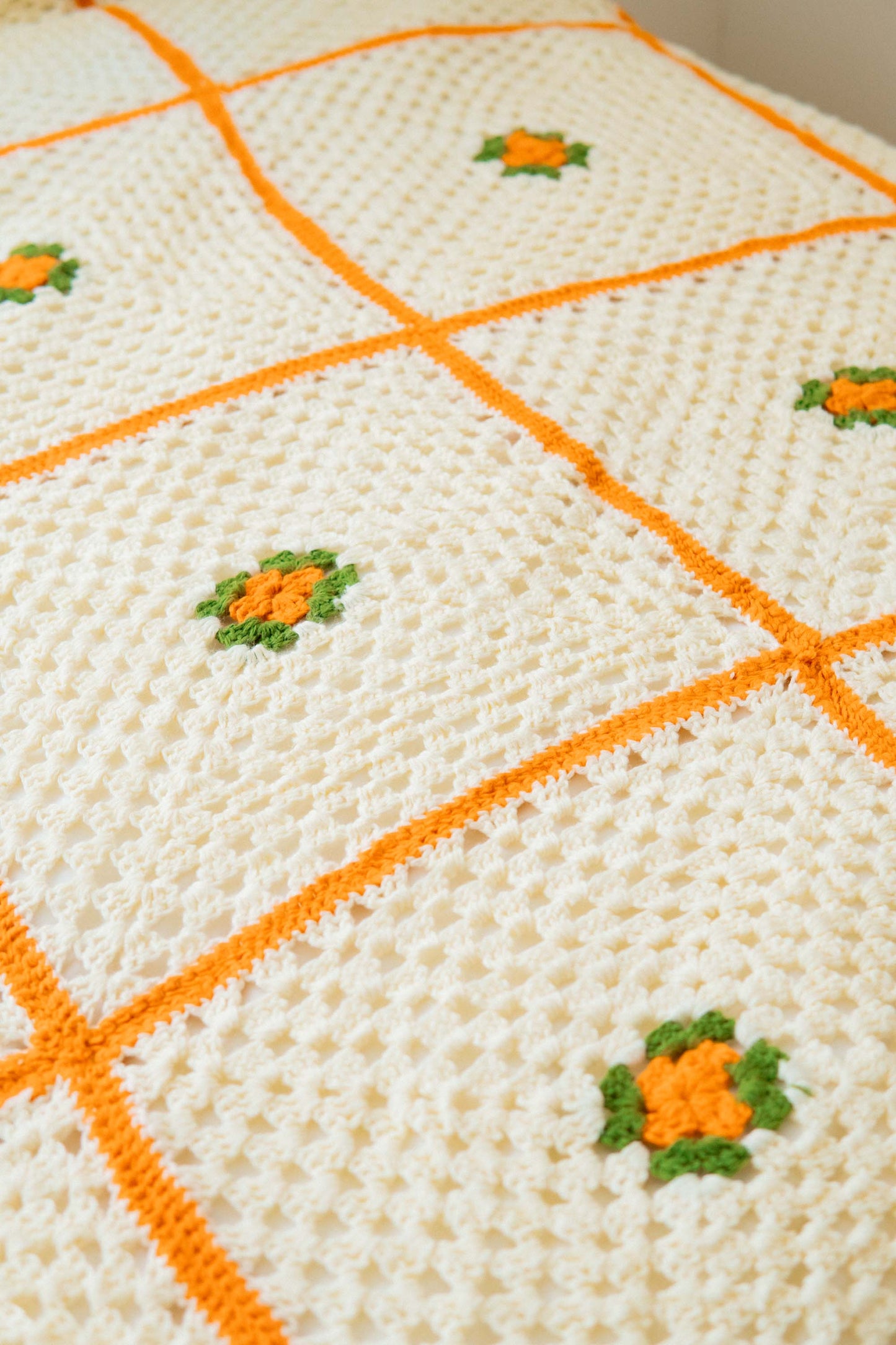 Ivory Orange Flower Granny Blanket