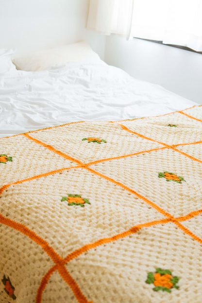 Ivory Orange Flower Granny Blanket